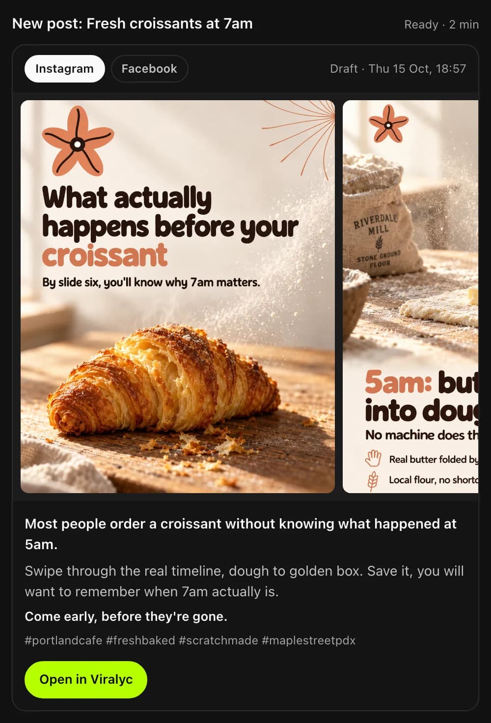The Viralyc post preview in a chat: a finished Instagram carousel for a cafe with its caption